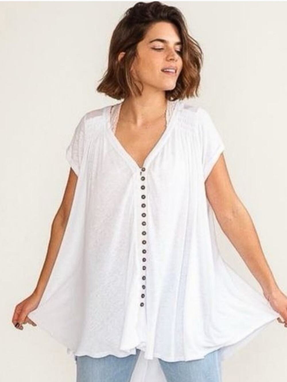 Free People White Cap-Sleeve Button-Front Tunic Size M